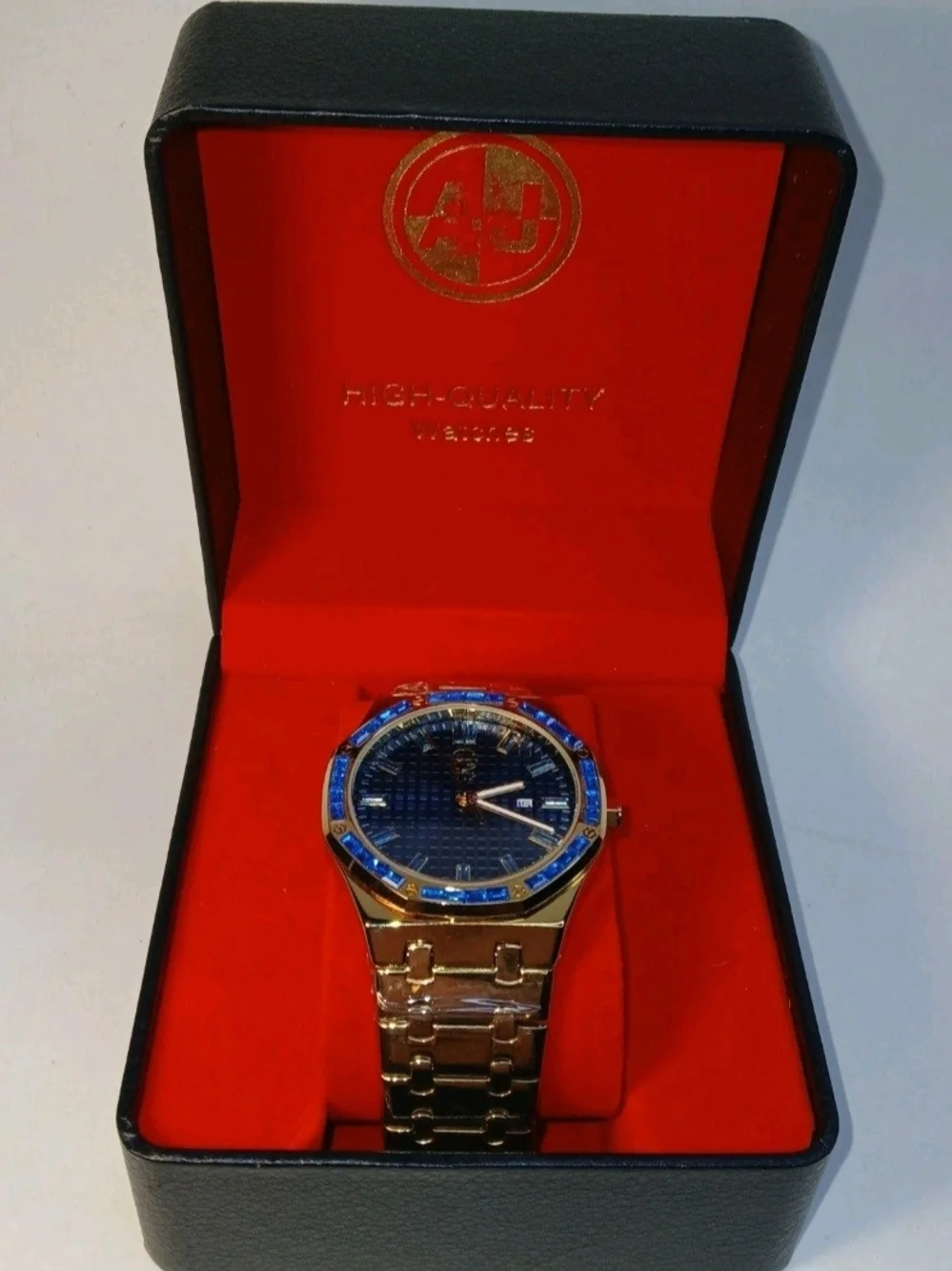 AJ VIP High Quality Mens Gold Tone Watch Blue Bezel Dial Date New With Box Tag